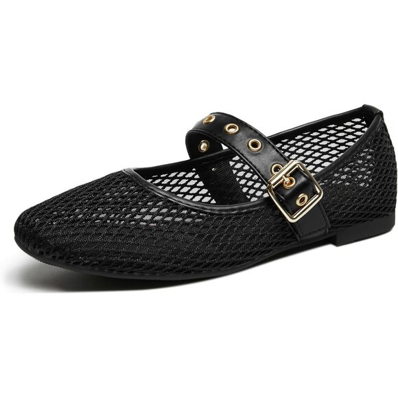 Women Mesh Black Polyurethane (PU) Closed Toe Strap Buckle Ballerina Flats - Picture 1 of 5